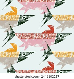 Stylized fish in Scandinavian style. Stamp technique. Vector print, seamless pattern, background, design
