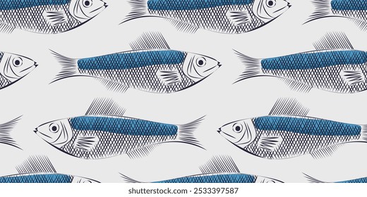 Patrón sin fisuras estilizado del bosquejo del pescado, Plantilla del Vector