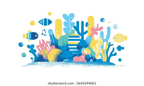 Peixes estilizados nadam acima da ilustração colorida de recife de coral no branco