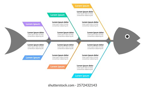 Stylized Fishbone Diagram with Color-Coded Branches and Text Nodes for Creative Presentation Design on White Background