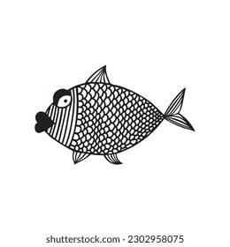 Stylized fishes. Aquarium fish. Ornamental fish. River fish. Sea fish. Children's drawing. Black and white drawing by hand. Line art.