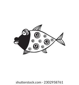 Stylized fishes. Aquarium fish. Ornamental fish. River fish. Sea fish. Children's drawing. Black and white drawing by hand. Line art.