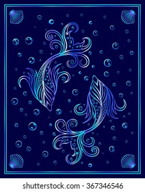 Stylized Fishes Background.Deep Sea Backdrop.Background Template with Fishes and bubbles.