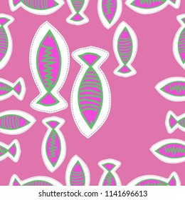Stylized fishes, doodles, stripes, dotted lines, labels seamless  pattern. Hand drawn.