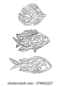 Stylized fishes. Hand drawn artwork. Ornamental fish. Line art. Set. Tattoo design. Sea and ocean print. 