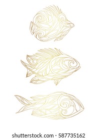 Stylized fishes. Hand drawn artwork. Ornamental fish. Line art. Set. Tattoo design. Sea and ocean print. 