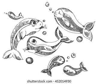 Stylized fishes. Ornamental fish. River fish. Sea fish.  Black and white drawing by hand. Line art. Set.