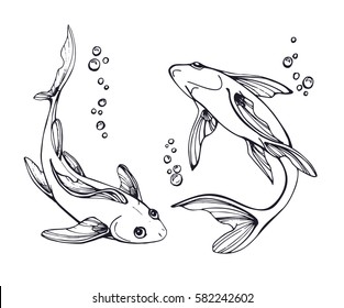Stylized fishes. Ornamental line art hand drawing. Decorative vector illustration for your design on white background. 