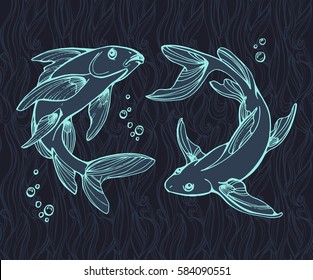 Stylized fishes. Ornamental line art hand drawing. Decorative vector illustration for your design on dark blue background. 