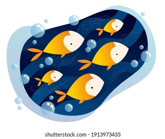 Stylized fishes, waves and bubbles in a frame. Colored vector illustration.