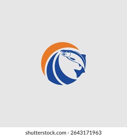 Stylized fishing emblem with graphic fish design and flowing blue lines