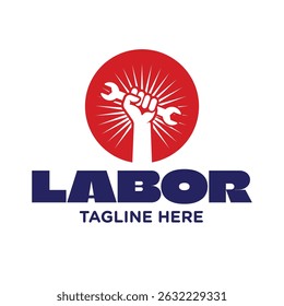 Stylized fist in red flame representing labor strength