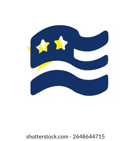 Stylized flag graphic with simplified design elements.  Dark-blue flag with three horizontal white stripes and three yellow stars.  Curved, stylized edges create a dynamic appearance