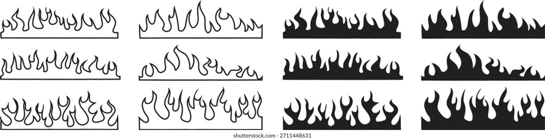 Stylized flame border sets in outline and solid silhouettes. Fire line designs ideal for decals, prints, patterns, and bold graphic artwork. Perfect elements for hot, energetic visual themes.
