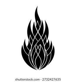 Stilisiertes Flammensymbol, abstraktes Stammesfeuerdesign, verwobene Linien, modernes Energiesymbol, schwarz-weiße Vektorgrafik für Macht oder Leidenschaft.