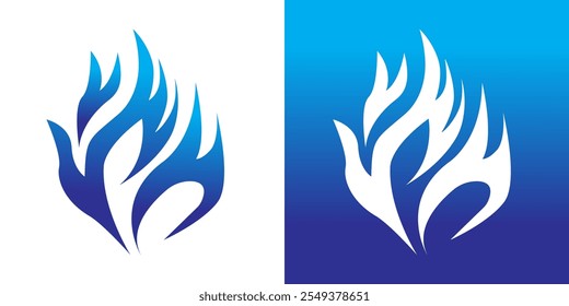 Icono de llama estilizado en azul y blanco, apto para logotipos, marcas y Elementos de diseño. Versátil para fondos claros y oscuros.