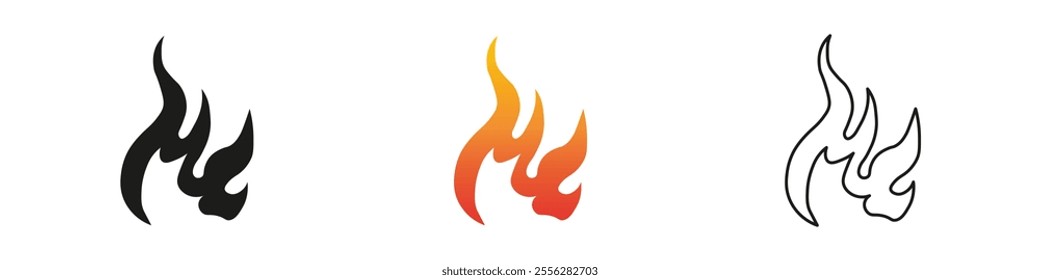 Stylized flame icons in various colors and designs. Fire icon vector set. Flame icon collection. Fire flame symbol. Black, gradient, line set