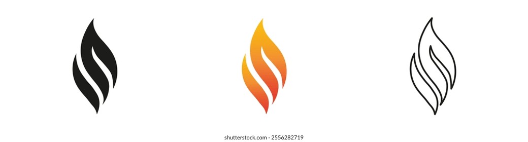 Stylized flame icons in various colors and designs for branding. Fire icon vector set. Flame icon collection. Fire flame symbol. Black, gradient, line set