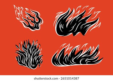 Conjunto estilizado de vetores de chama, formas abstratas de fogo para elementos de tatuagem, logotipo ou design gráfico