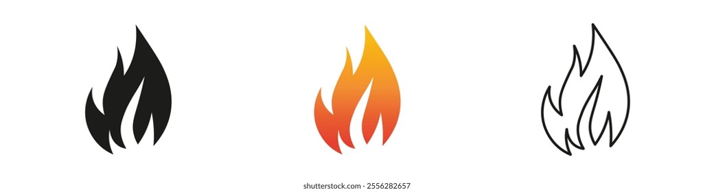 Stylized flames in three different colors and designs. Fire icon vector set. Flame icon collection. Fire flame symbol. Black, gradient, line set
