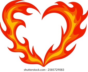 Stylized flames in vibrant red and orange forming a heart shape, representing burning love and passion against a clean white background. Ideal for romantic themes and celebrations