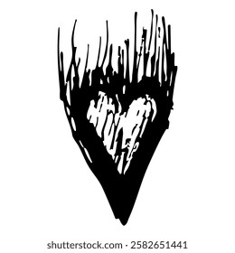 Stylized flaming human heart. Romantic love symbol. Hand drawn linear doodle rough sketch. Black and white silhouette.