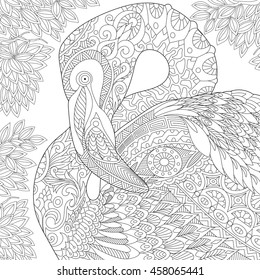 Stylized flamingo bird among jungle foliage.
Freehand sketch for adult anti stress coloring book page with doodle and zentangle elements.