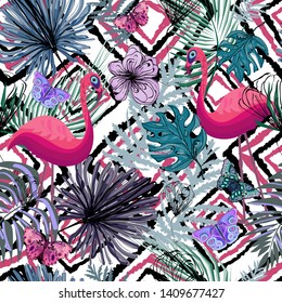 stylized flamingos and butterflies, tropical plants on geometric background, vector illustration, summer pattern for wrapper, print, card, cover, textile texture
