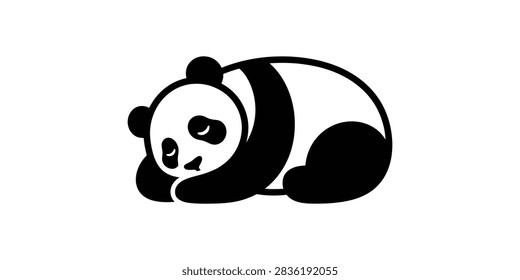 A stylized flat black and white graphic icon of a cute panda bear lying down and sleeping isolated on a white background
