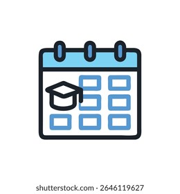 A stylized flat calendar icon featuring graduation cap for scheduling, time management and educational events. Clean design in blue, white and navy.