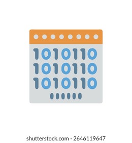 A stylized flat calendar icon filled with binary numbers, symbolizing digital events or programming deadlines and modern planning.