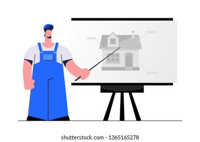 Stylized Flat Character. Builder Giving a Presentation. Vector Illustration
