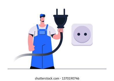 Stylized Flat Character. Electrician Holding Big Plug and Standing Near the Socket. Vector Illustration