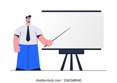 Stylized Flat Character. Office Worker Giving a Presentation. Vector Illustration