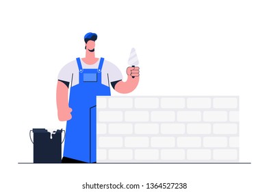 Stylized Flat Character. Worker Building the Wall. Vector Illustration