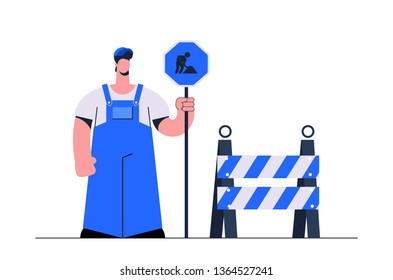 Stylized Flat Character. Worker Holding "Road Works" Sign. Vector Illustration