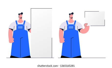 Stylized Flat Character. Worker Holding Empty Boards. Vector Illustration