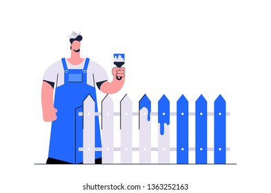 Stylized Flat Character. Worker Painting the Fence. Vector Illustration