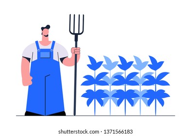 Stylized Flat Character. Worker with Pitchfork Standing Near His Garden. Vector Illustration