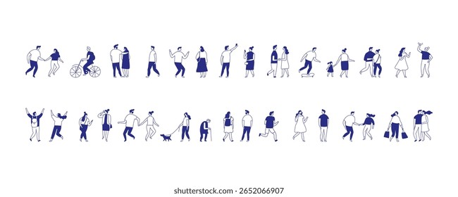 Personagens estilizados se envolveram em atividades diárias como caminhar, conversar, fazer compras e andar de bicicleta. Design de linha moderno limpo ideal para editorial, IU ou visuais de marketing.