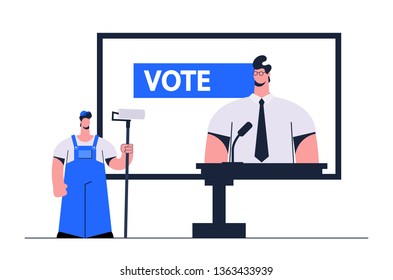 Stylized Flat Characters. Worker with Roller Standing Near the Big Billboard with a Politician on It. Vector Illustration