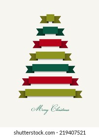 Stylized flat Christmas tree. Ribbons decoration. Vector background. 