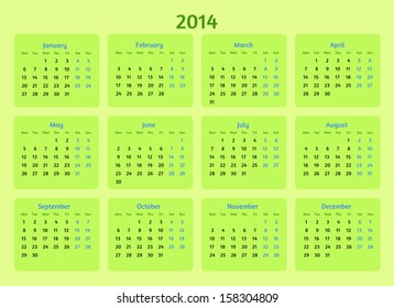 Stylized flat design. The 2014 Year vector calendar