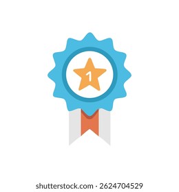 Stylized flat design of a blue badge with a yellow star. Symbolizes victory and achievement.