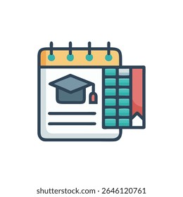 Stylized flat design calendar with graduation cap, symbolizing academic milestones. Graphic illustration represents scheduling and tracking educational events.