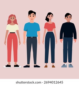 Design plano estilizado de quatro personagens diversificados em roupas casuais