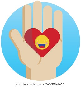 A stylized flat design icon featuring a human hand gently cradling a heart, symbolizing love, care, and support. This graphic is perfect for health, wellness, and relationship-focused themes.