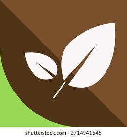 Stylized flat design icon featuring white leaves on a brown and green background, symbolizing nature, growth, and eco-friendliness.