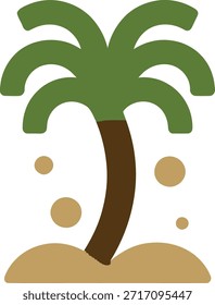 Icono estilizado de diseño plano que representa una sola palmera con frondas verdes y un tronco marrón, enraizado en una Pequeña parcela de dunas de arena bronceada. El fondo es blanco, lo que sugiere aislamiento para un uso fácil 