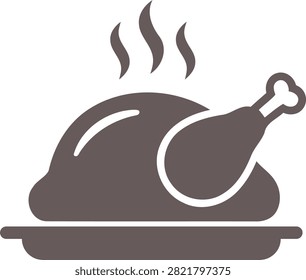 A stylized flat design icon representing a whole roasted chicken or turkey with steam rising presented on a platter suitable for culinary or foodrelated concepts